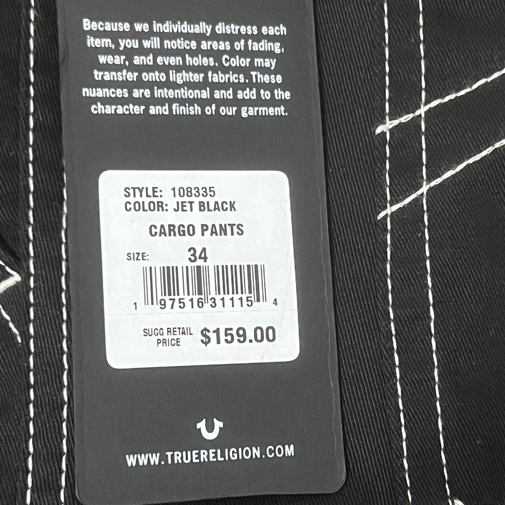 True Religion Brand Jeans Cargo Pants‎ Jet Black Men Size 34X32 New - Picture 8 of 16
